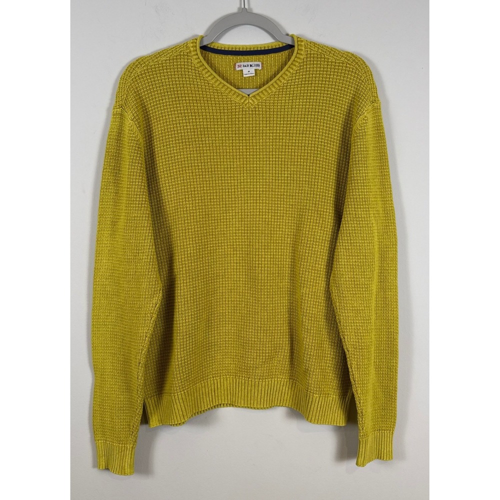 32 Bar Blues Mens V-Neck Waffle Knit Cotton Sweater‎ Chartreuse Yellow Size M